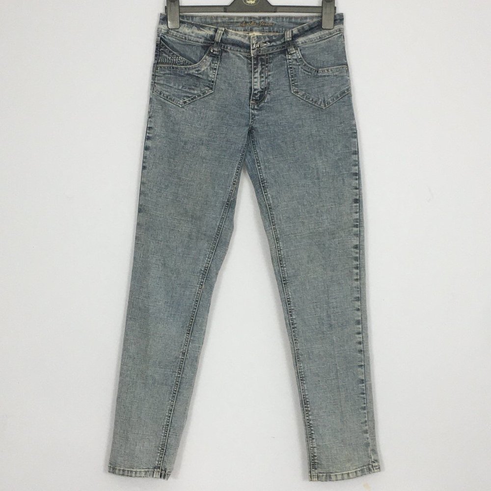 Apollo Jeans Womens 7/8 Embroidered Checked Low Rise Skinny Denim Blue Jeans